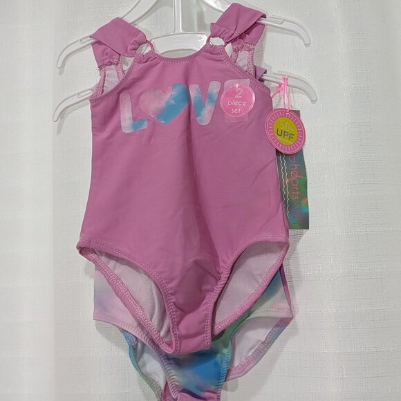 SET OF 2 PIECE SWIMSUITS BY YOUNG HEARTS SWIM GIRLS 2T "LOVE" Pink CLOUDS - Picture 1 of 6
